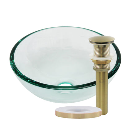 Modern 12-inch clear round tempered glass vessel sink by Novatto, with smooth, transparent surface for bathroom use.