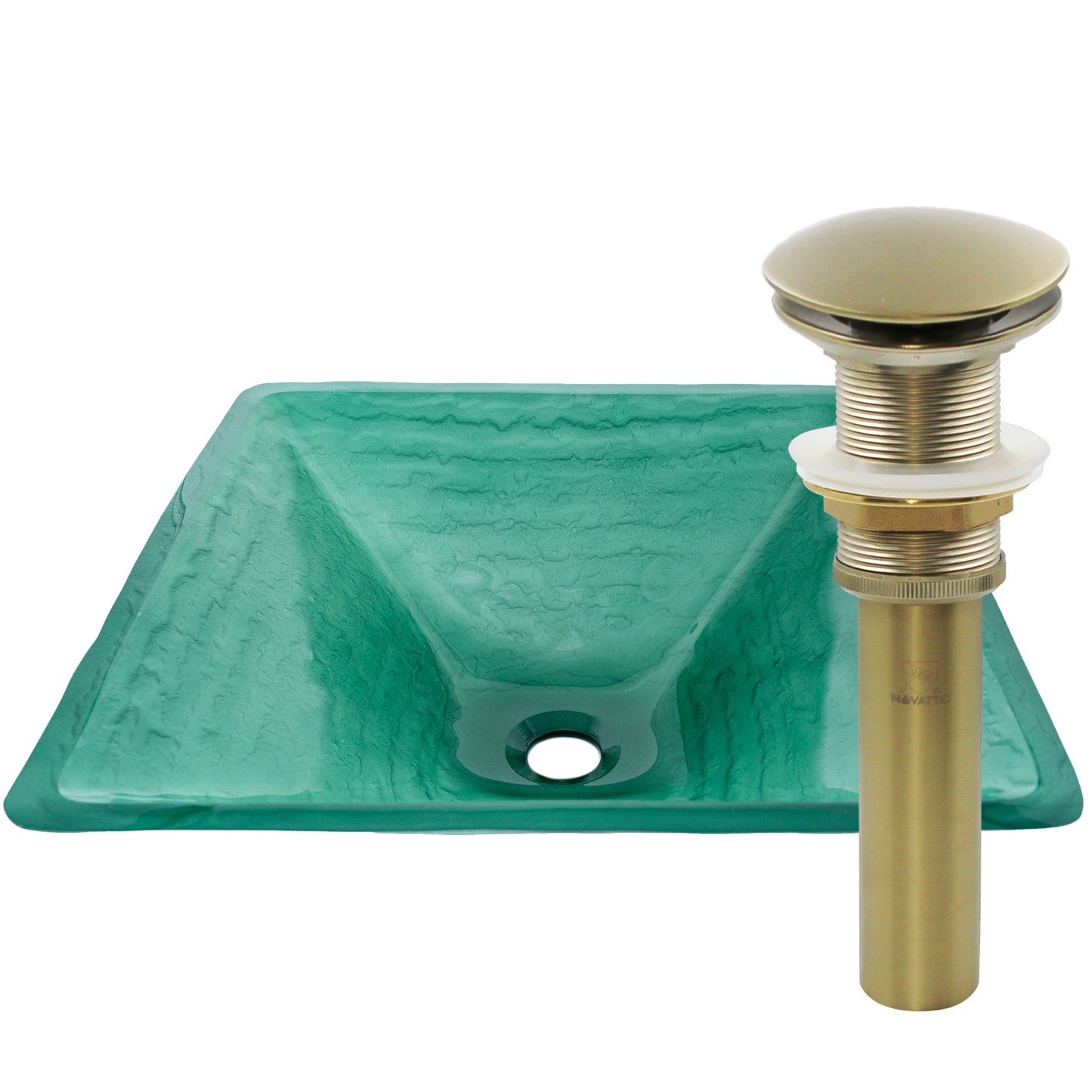 Green square tempered glass vessel bathroom sink by Novatto, with a sleek transitional design and smooth glass surface.