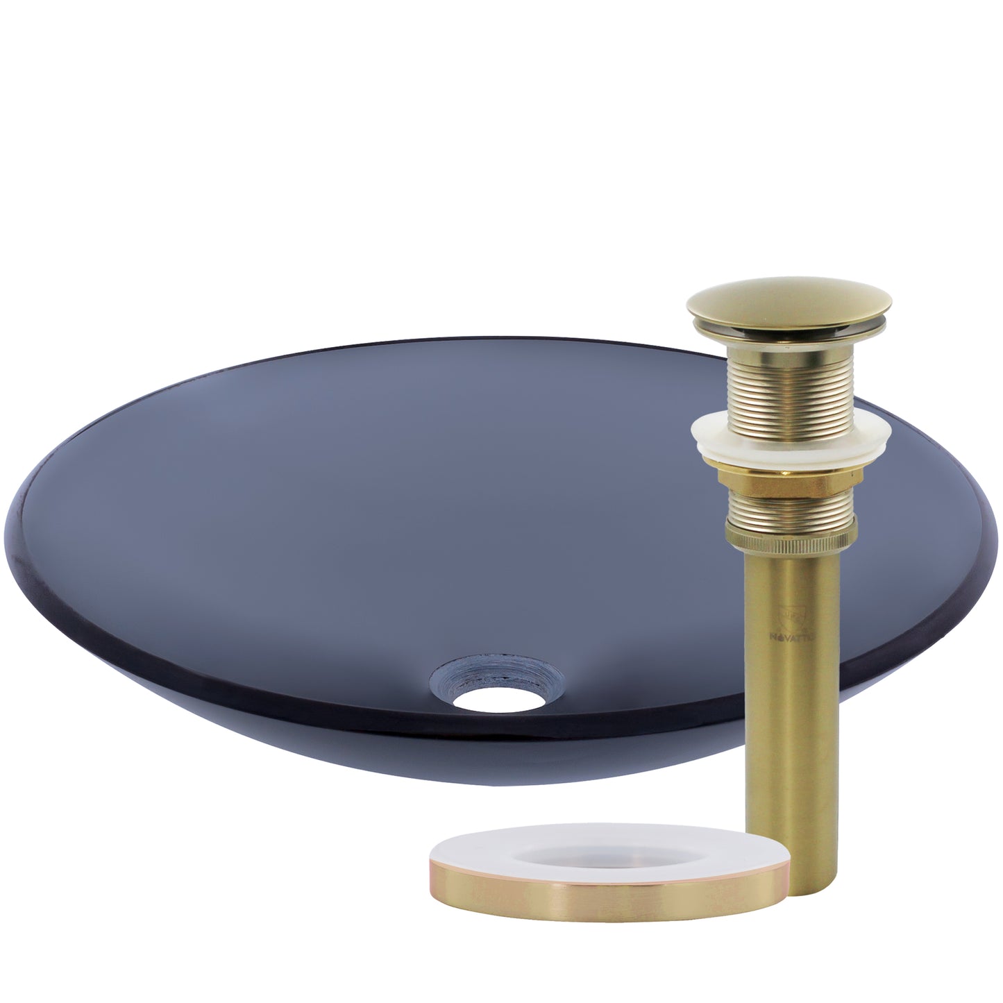 Clear slate grey round glass vessel bathroom sink by Novatto, modern shallow design with smooth, transparent surface.