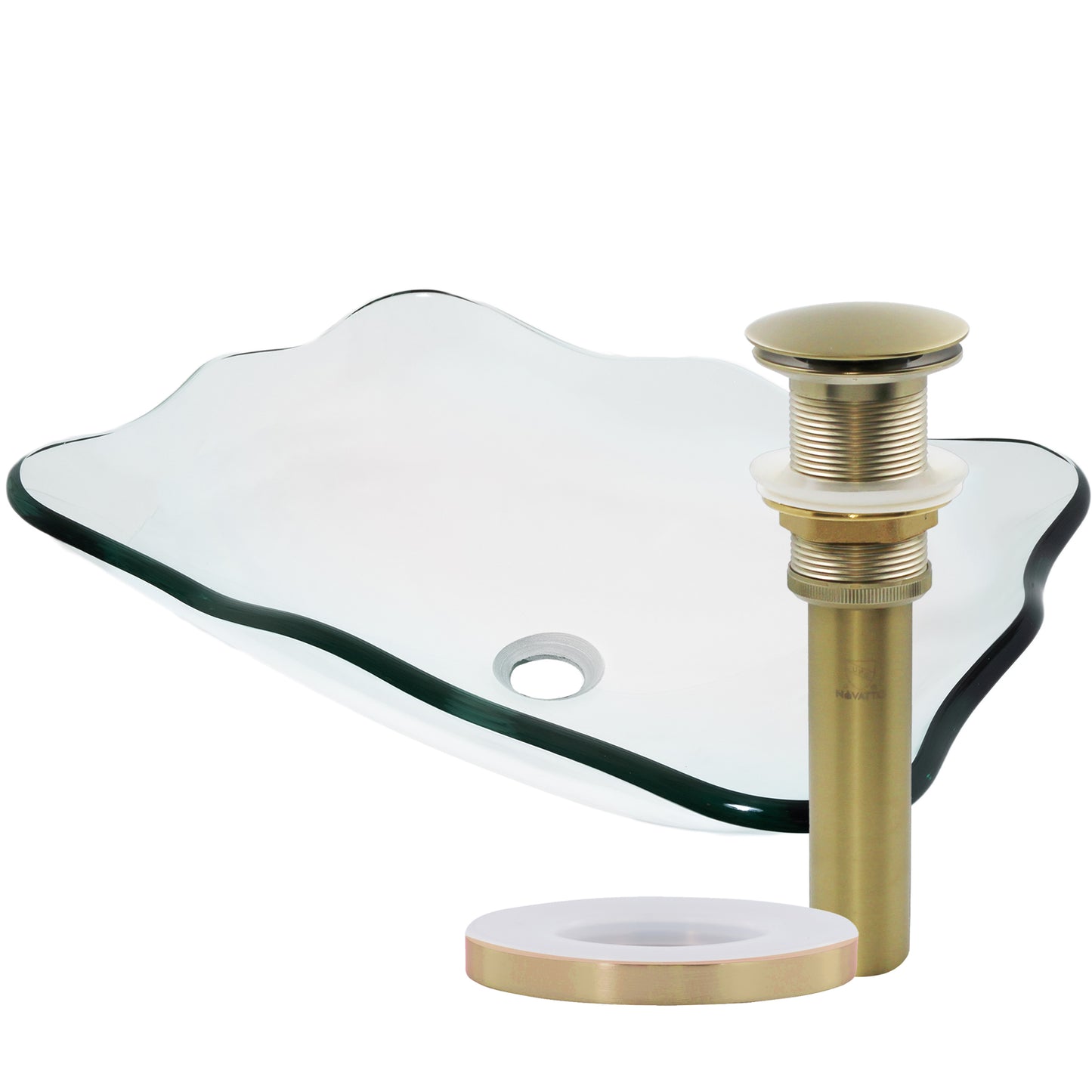 Clear scalloped tempered glass vessel bathroom sink by Novatto, modern design with elegant scalloped edges.