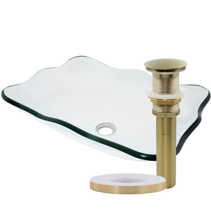 Clear scalloped tempered glass vessel bathroom sink by Novatto, modern design with elegant scalloped edges.
