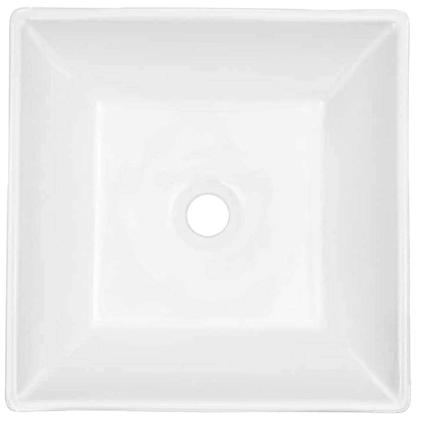 Square white porcelain vessel bathroom sink by Novatto, traditional design with a top view showing smooth, clean surface and square shape.