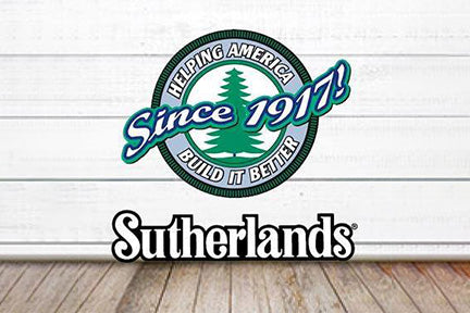 Sutherlands logo with a green tree design on a white wooden background