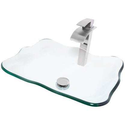 rectangular clear glass vessel sink with matching faucet and pop-up drain