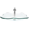 rectangular clear glass vessel sink with matching faucet and pop-up drain
