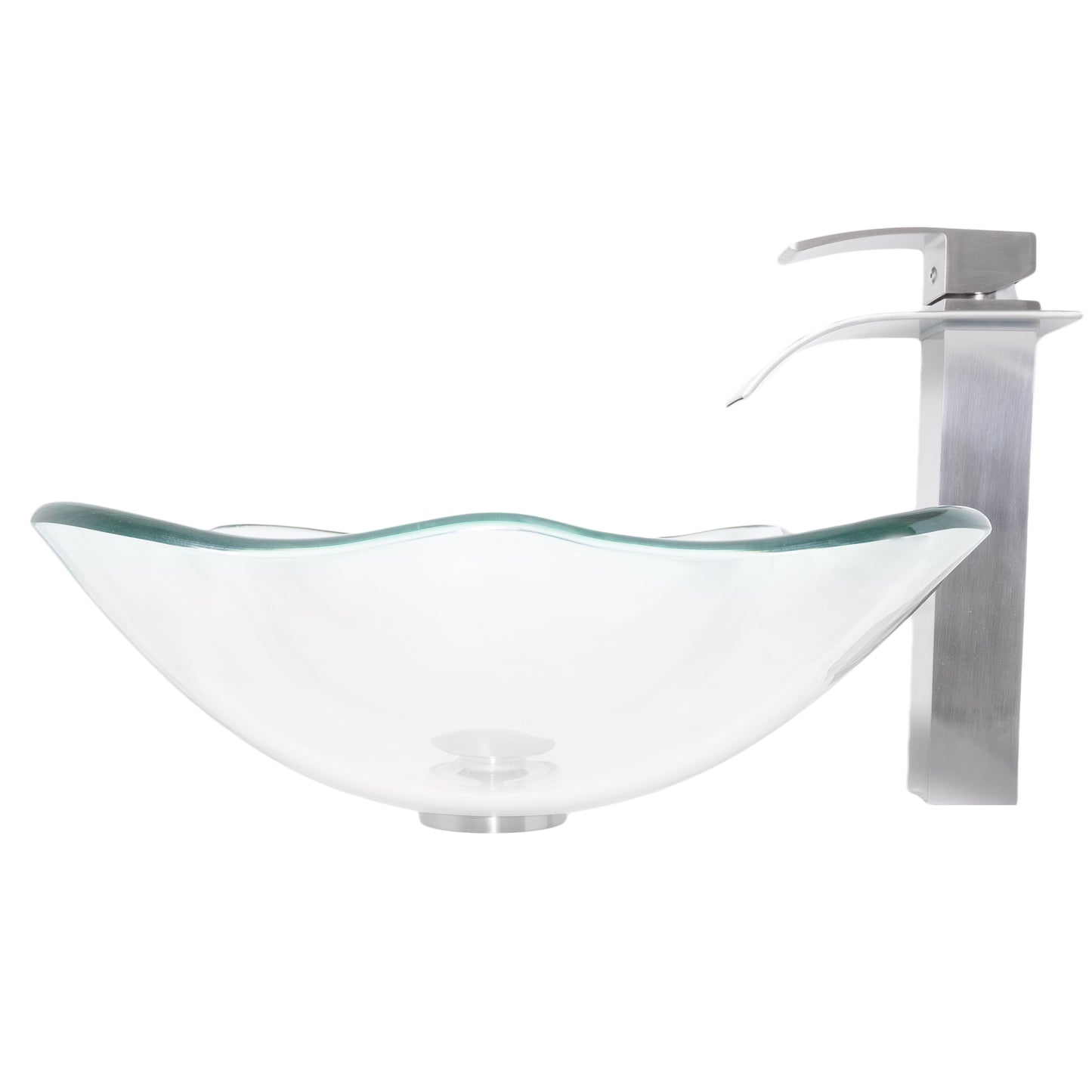 rectangular clear glass vessel sink with matching faucet and pop-up drain