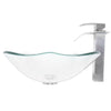 rectangular clear glass vessel sink with matching faucet and pop-up drain