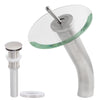 single handle waterfall faucet brushed nickel clear glass with pop-up drain