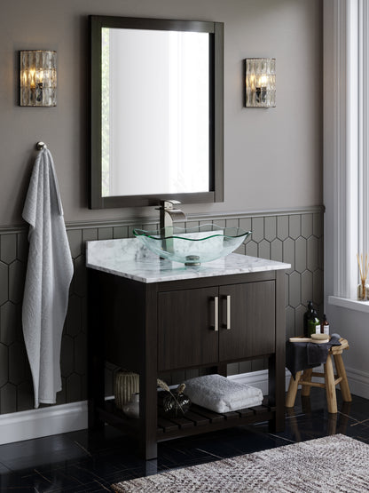 30-inch Novatto bath vanity with café mocha quartz countertop and integrated sink, showcasing elegant bathroom accessory design.