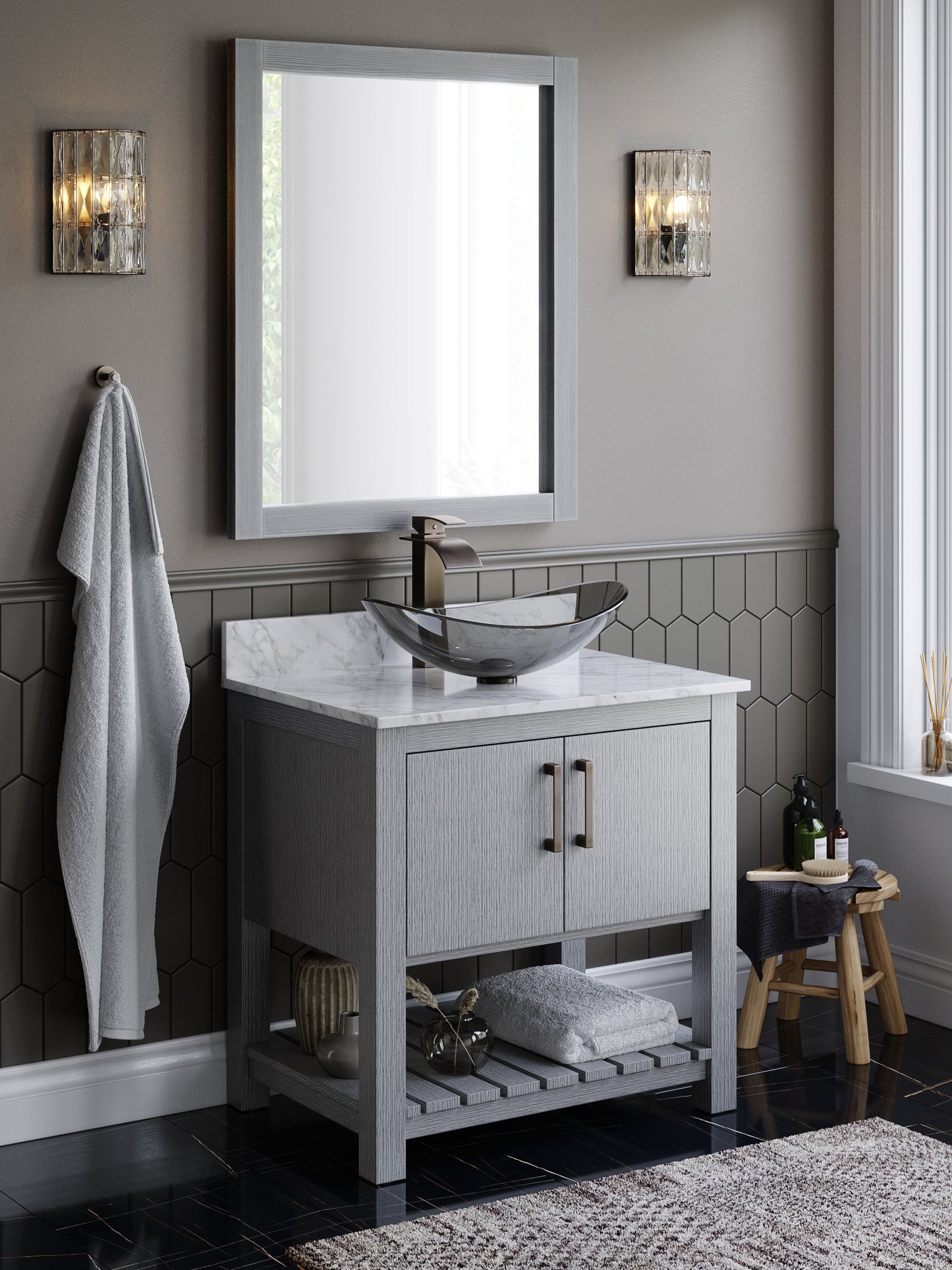 Clear Slate Grey Oval Slipper Tempered Glass Vessel Sink TIS-324G