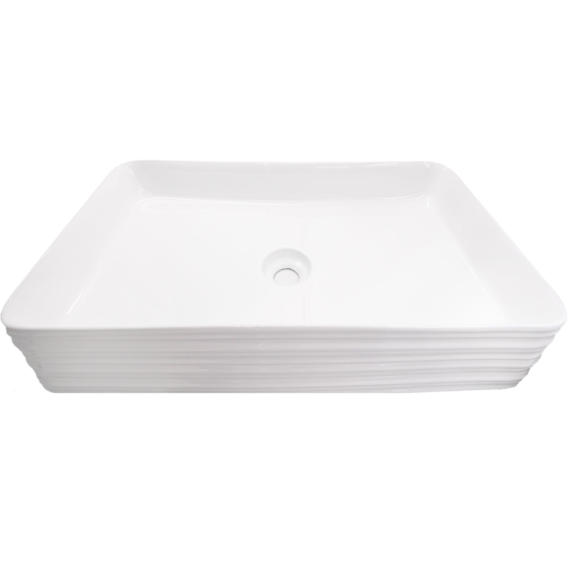Rectangular white porcelain vessel sink with grooved exterior, designed by Novatto, shown from an angled downward view.