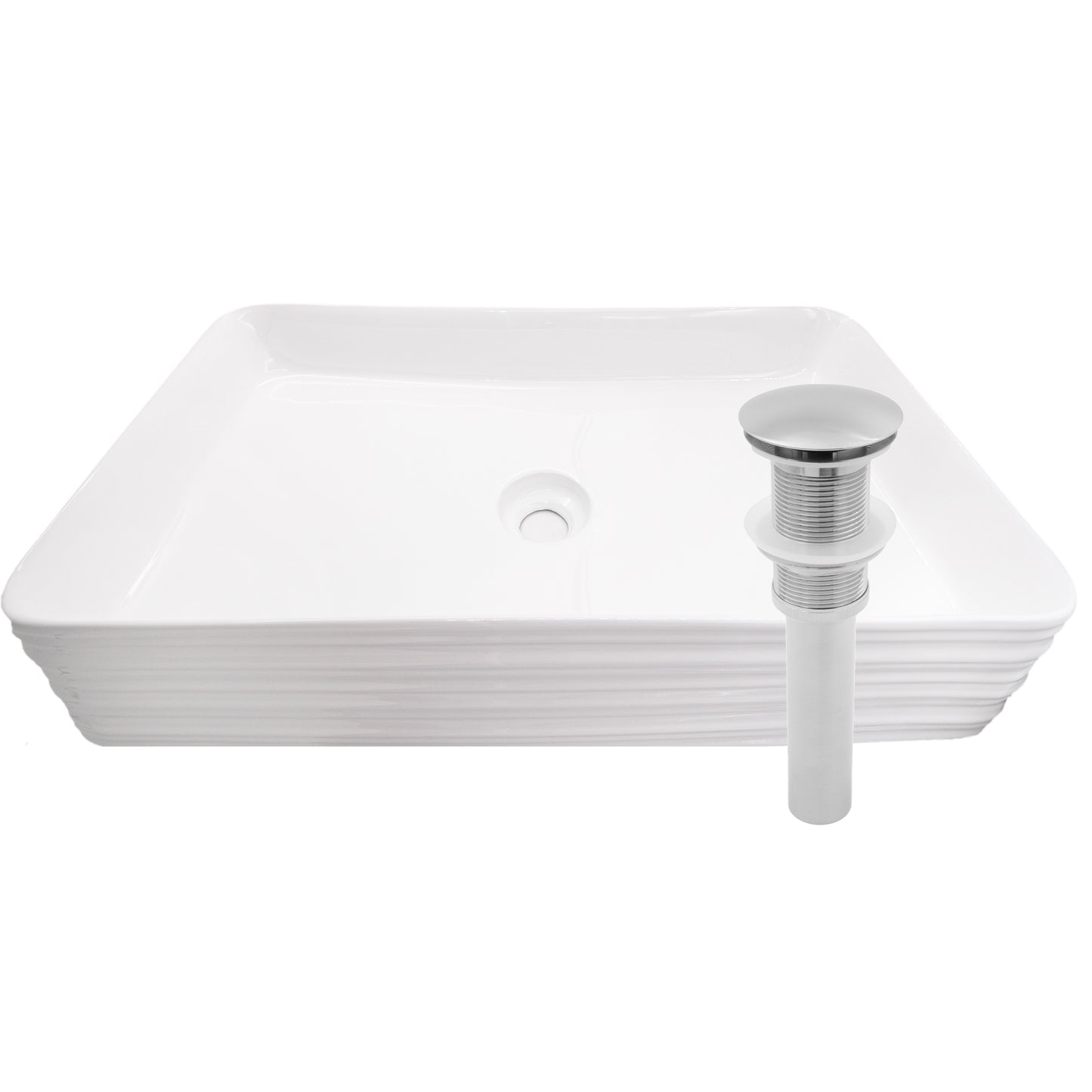 Rectangular white porcelain vessel sink with grooved exterior by Novatto, showcasing its sleek, modern design.