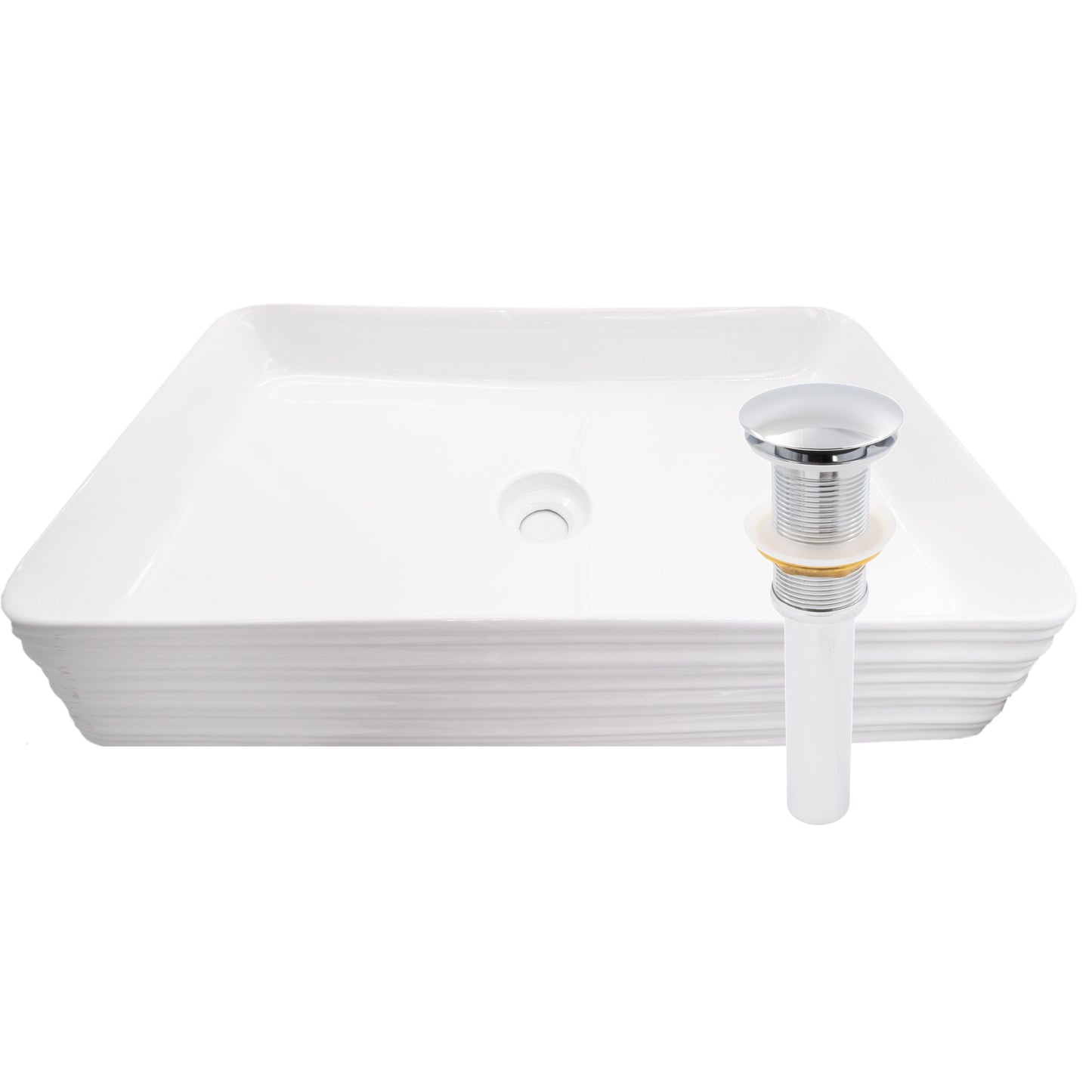 White porcelain vessel sink with rectangular shape and grooved exterior, designed for modern bathroom decor by Novatto.