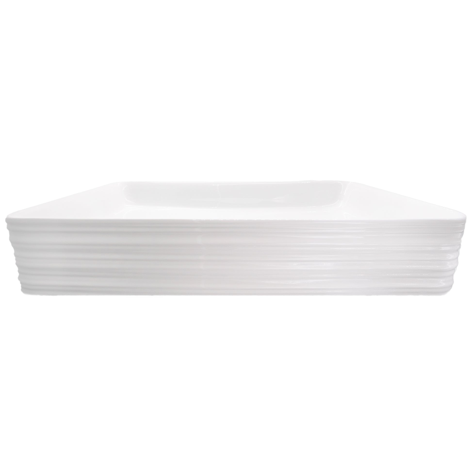 White porcelain vessel sink with grooved exterior, rectangular shape, by Novatto, shown from a front head-on view.