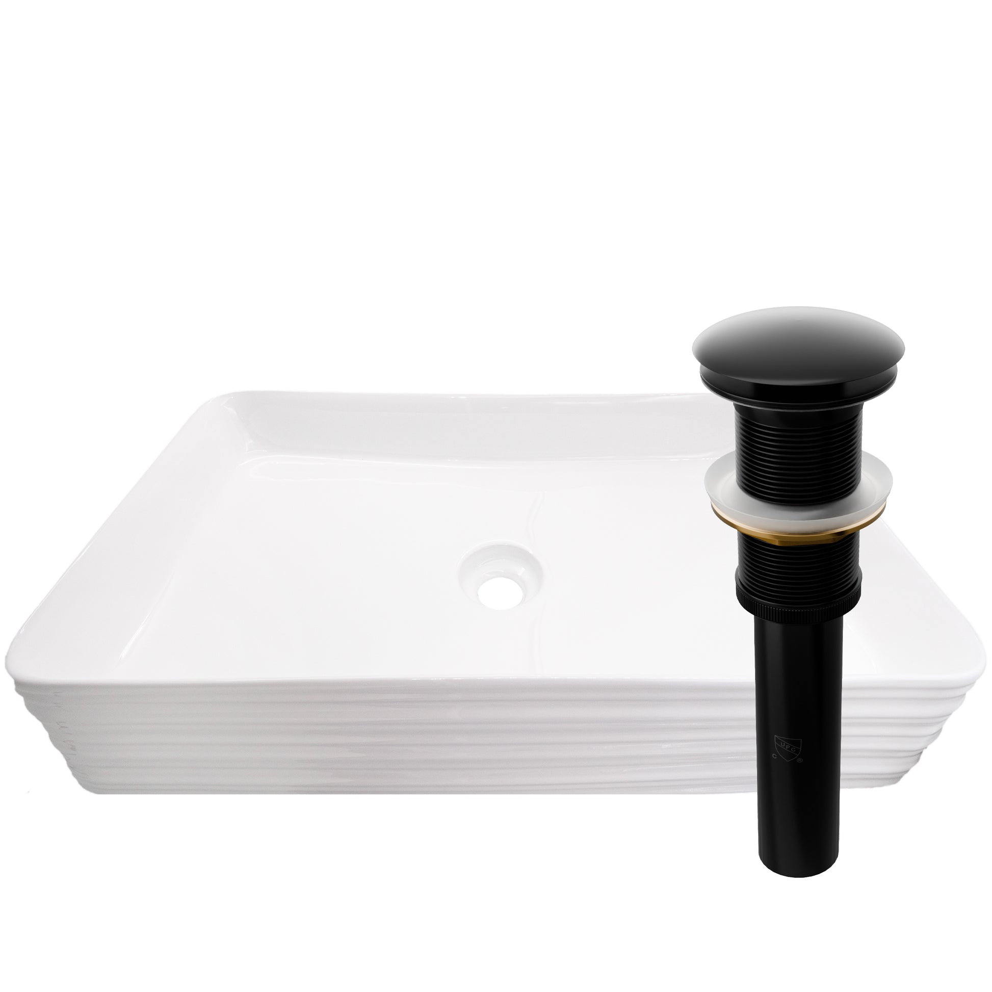 White porcelain vessel sink with rectangular shape and grooved exterior, designed by Novatto for modern bathrooms.