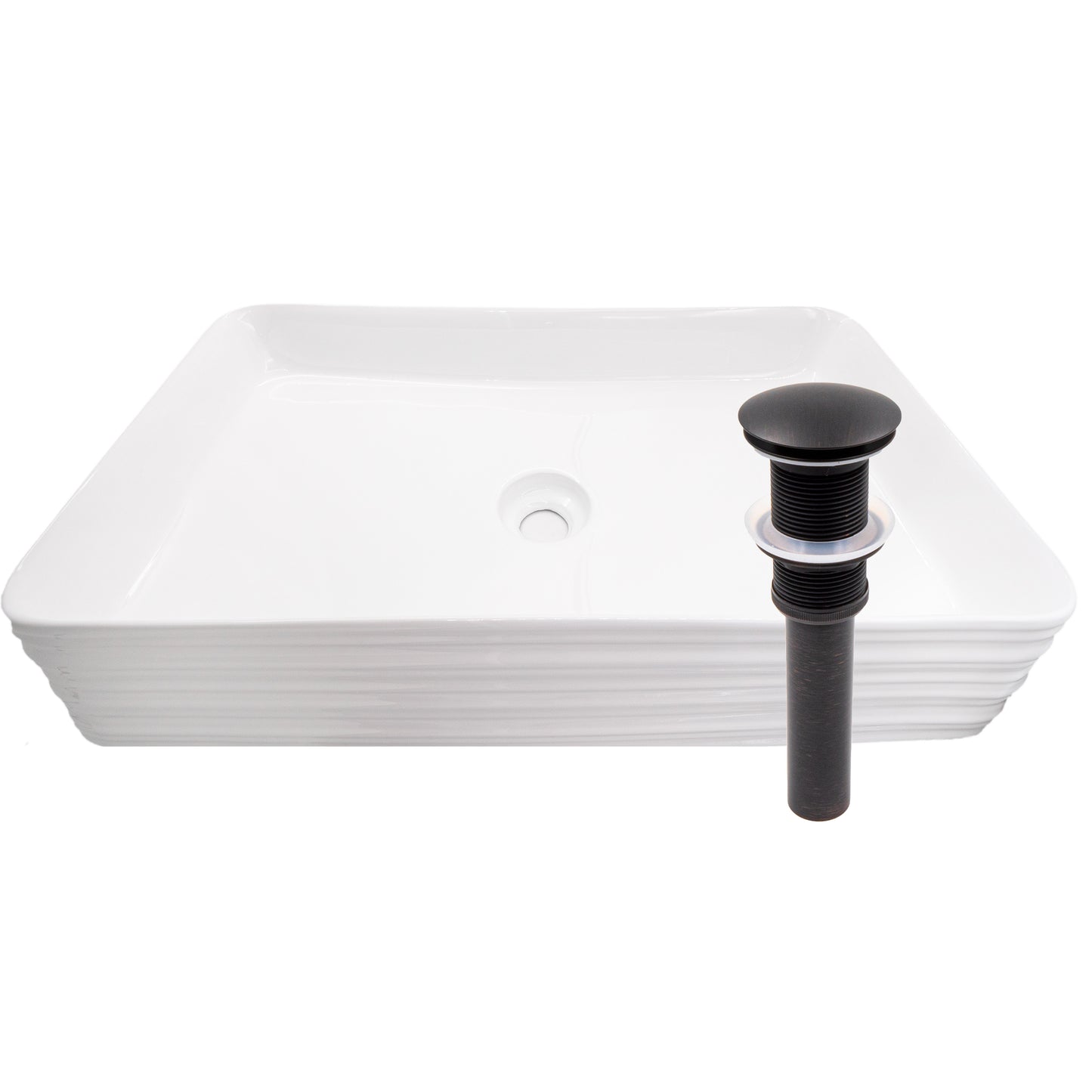 White porcelain vessel sink with rectangular shape and grooved exterior, designed for modern bathroom decor by Novatto.
