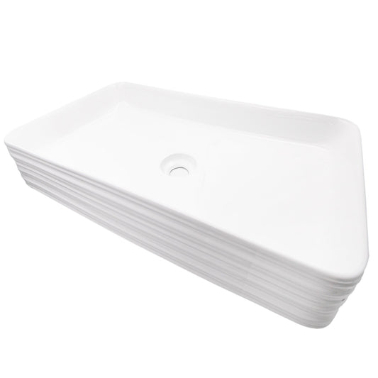 Rectangular white porcelain vessel sink with grooved exterior, Novatto NP-208513, showcasing its sleek design and smooth interior surface.