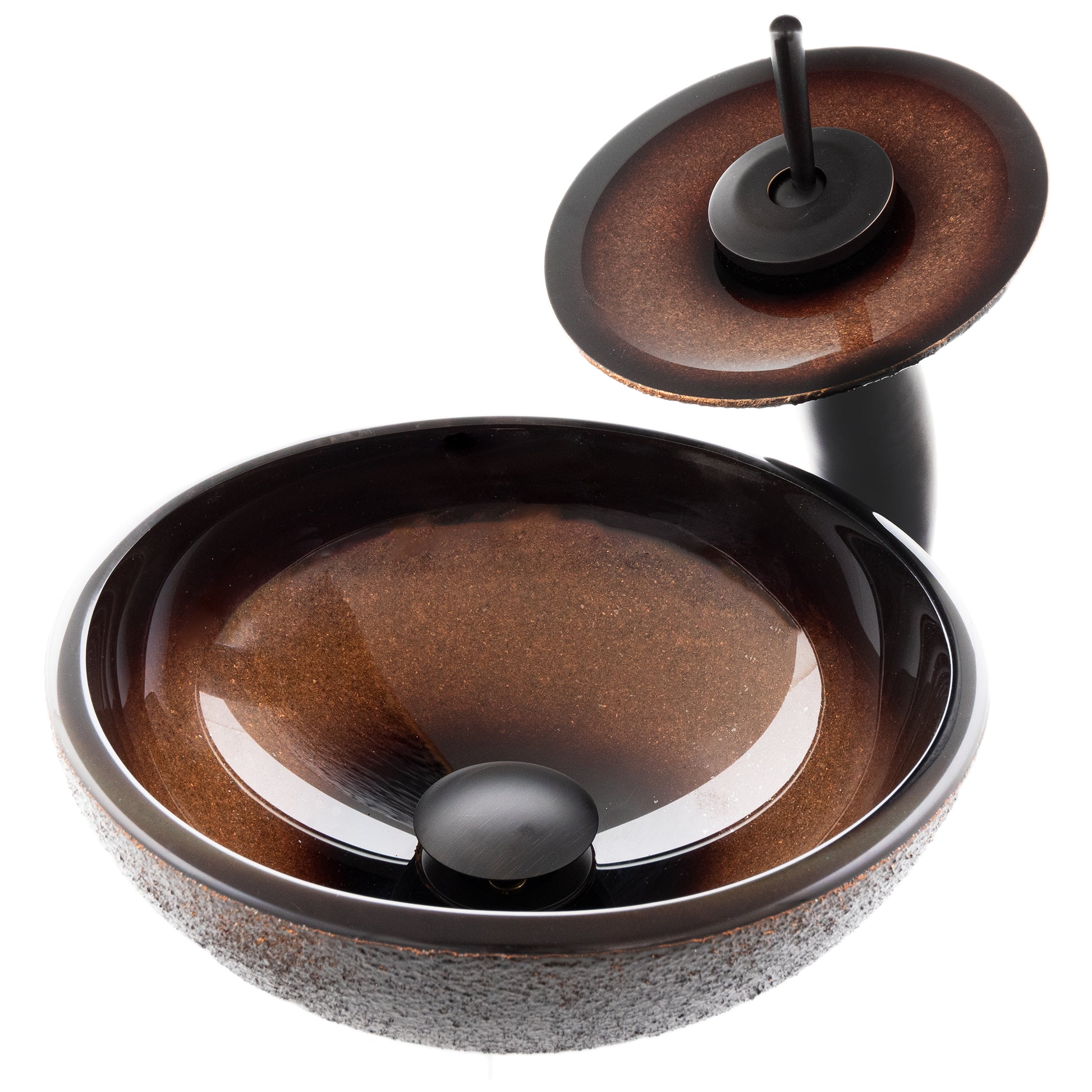 Mini 12-inch black and copper glass vessel sink with traditional bathroom combo set by Novatto, shown in the image.