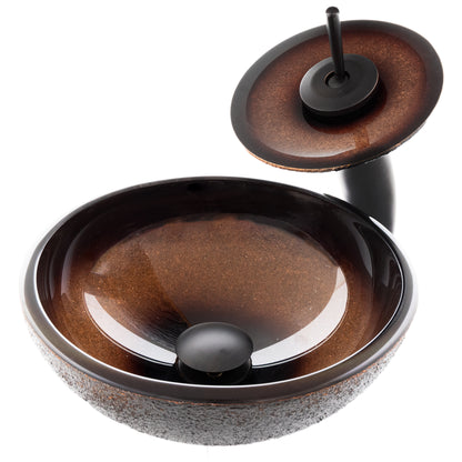 Mini 12-inch black and copper glass vessel sink with traditional bathroom combo set by Novatto, shown in the image.