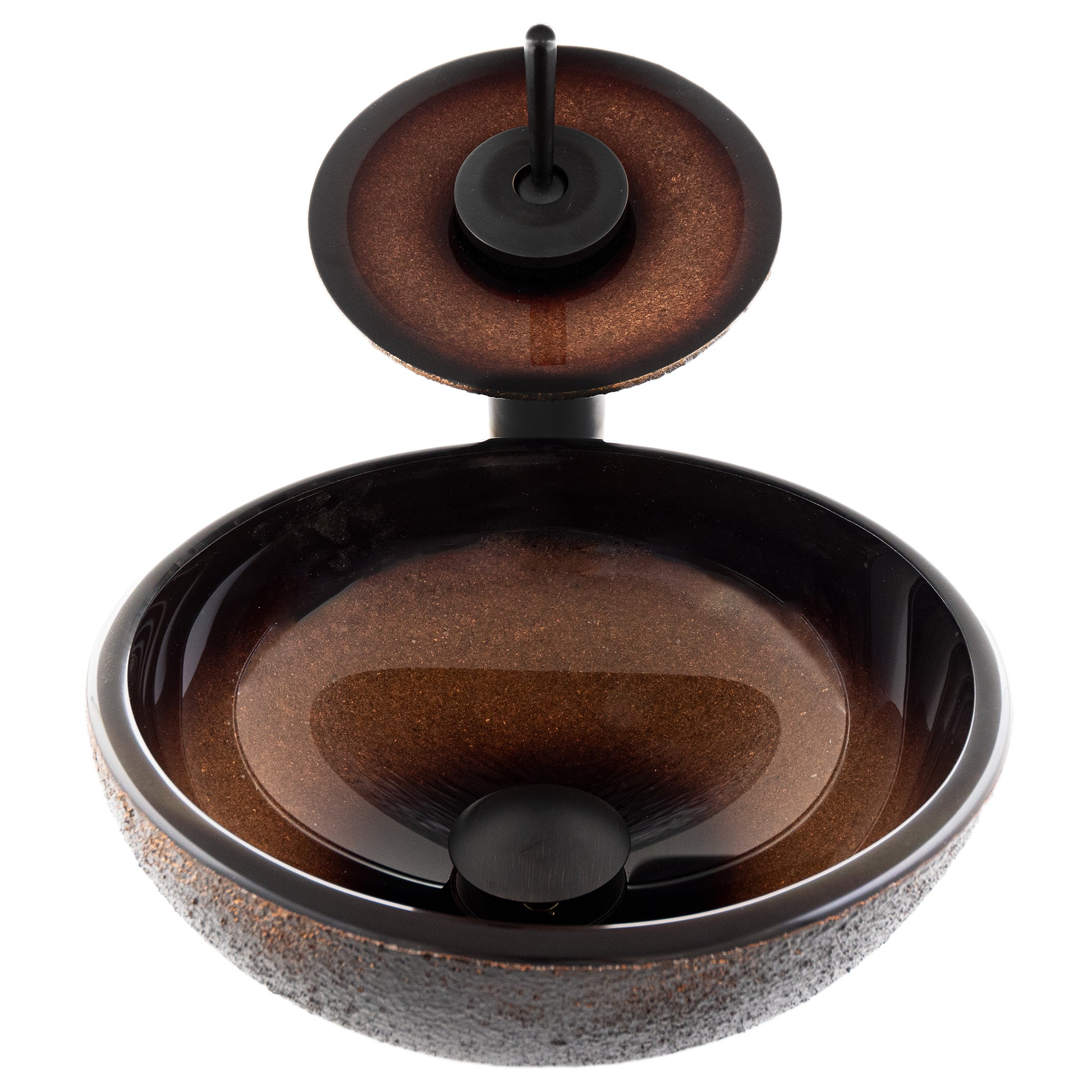 Traditional bathroom combo set featuring a mini 12-inch black and copper glass vessel sink by Novatto, shown from the front.