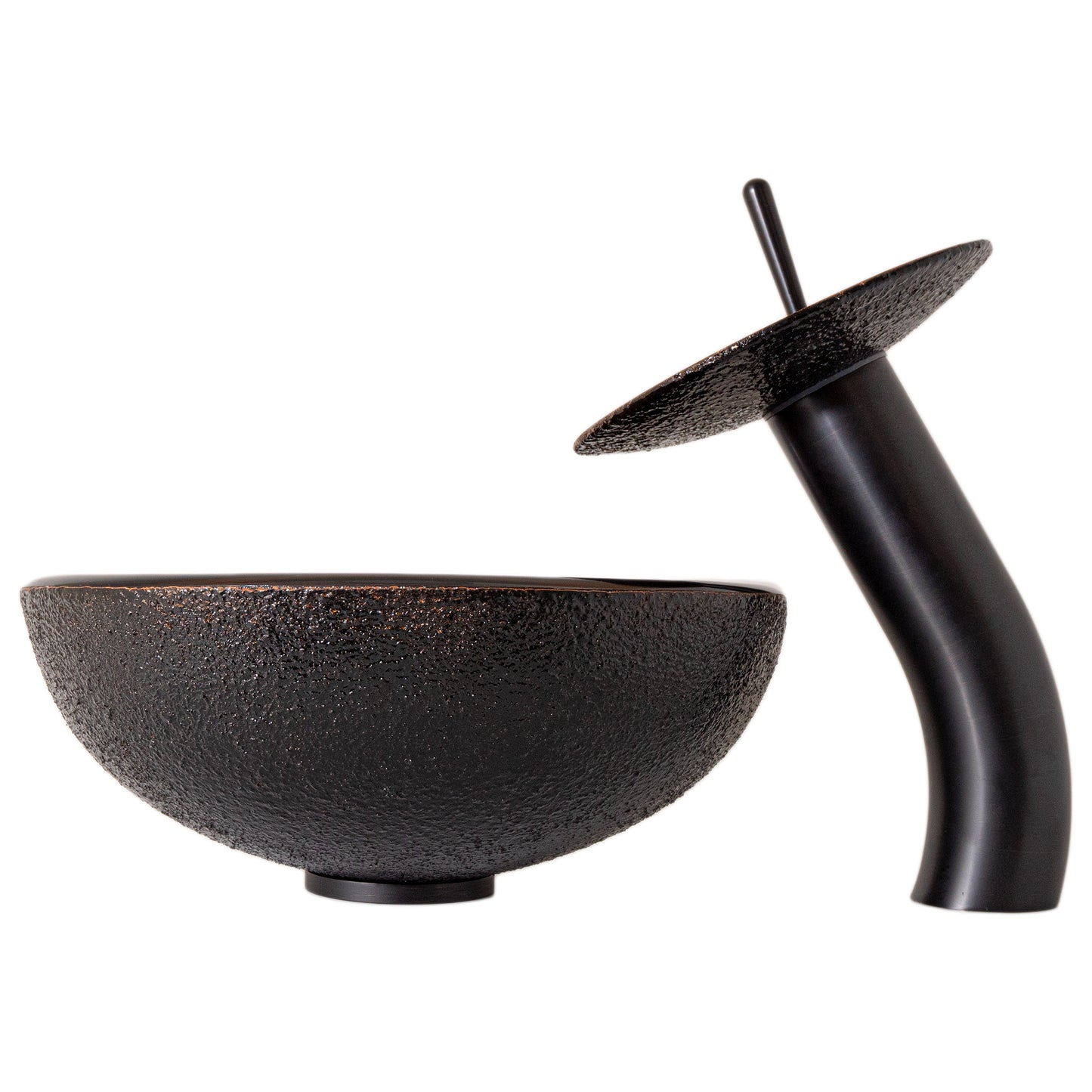 Traditional bathroom mini glass vessel sink combo set in black and copper by Novatto, featuring a sleek vessel and matching faucet.