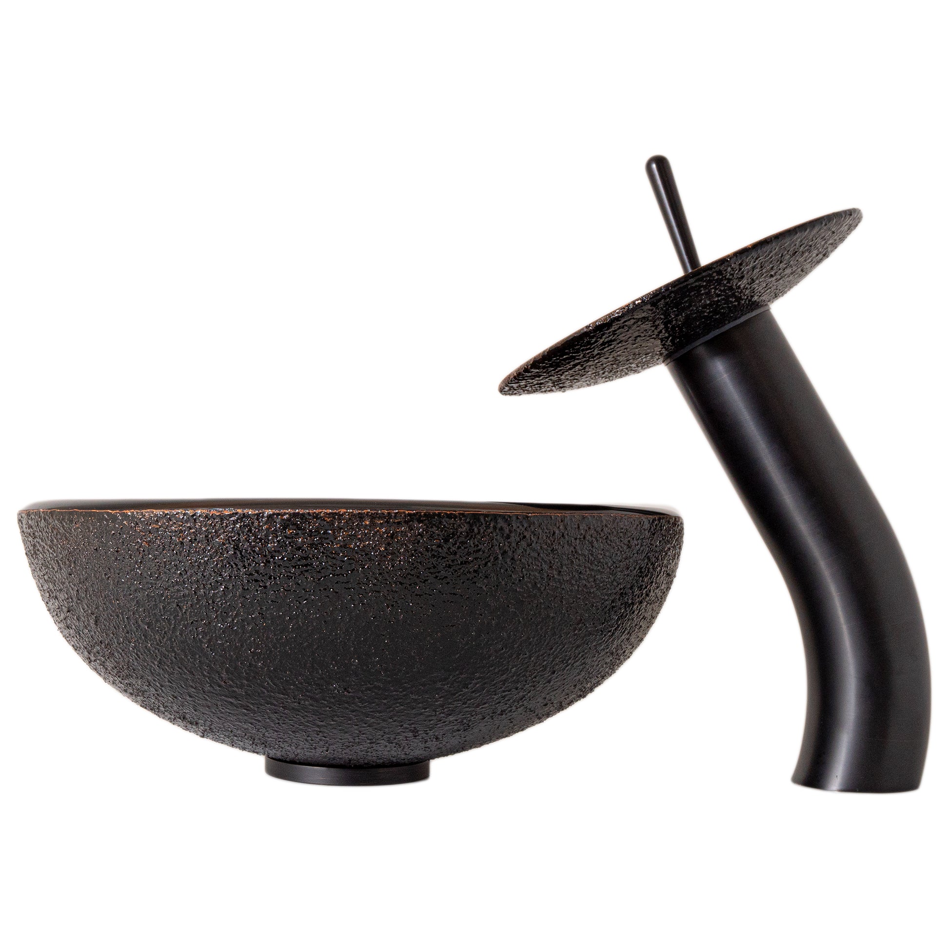 Traditional bathroom mini glass vessel sink combo set in black and copper by Novatto, featuring a sleek vessel and matching faucet.