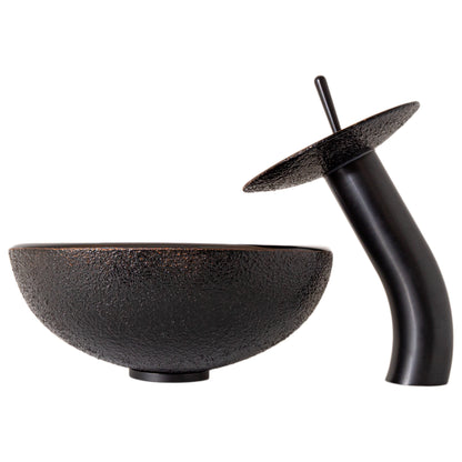 Traditional bathroom mini glass vessel sink combo set in black and copper by Novatto, featuring a sleek vessel and matching faucet.