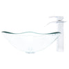 rectangular clear glass vessel sink with matching faucet and pop-up drain