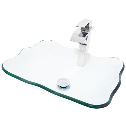 rectangular clear glass vessel sink with matching faucet and pop-up drain