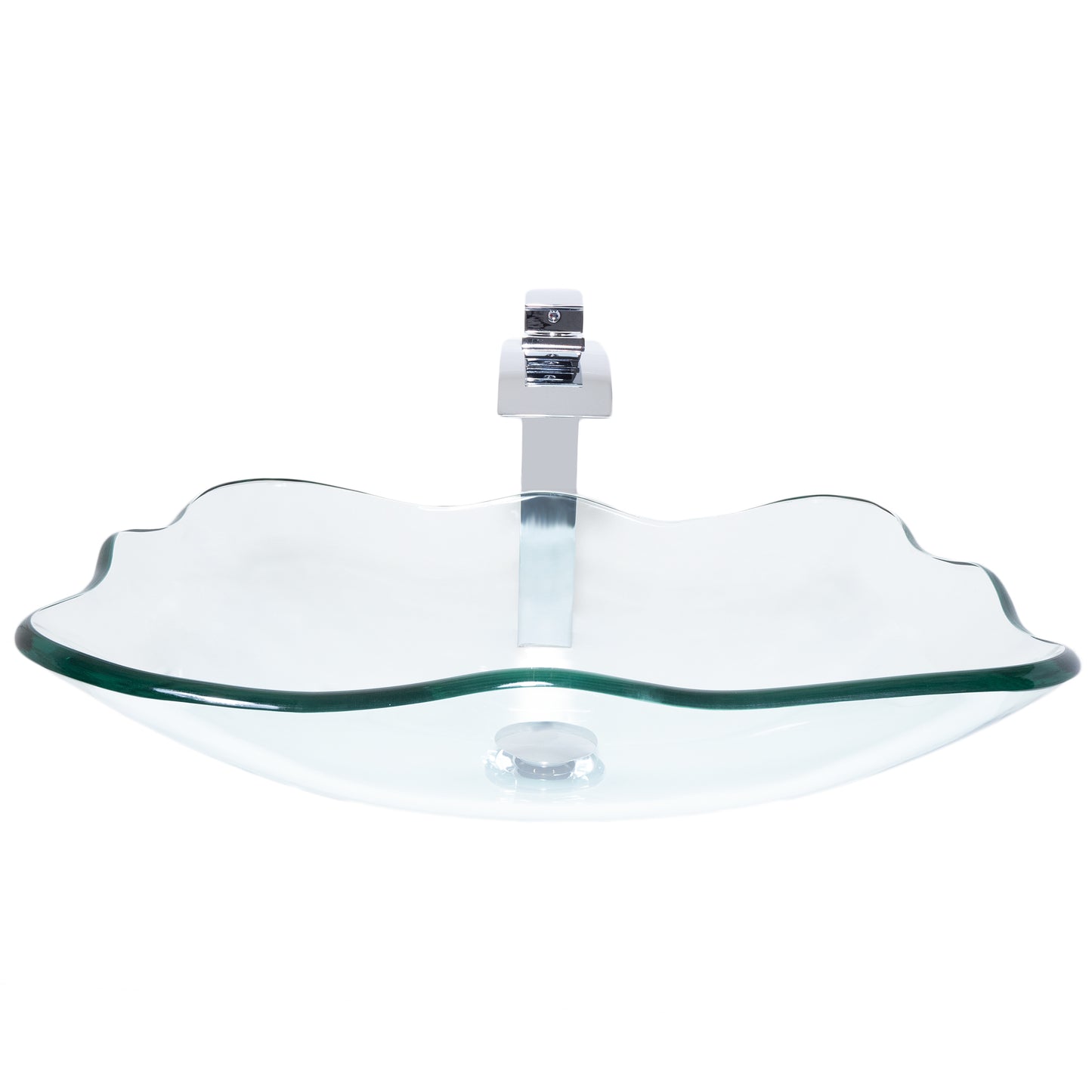 rectangular clear glass vessel sink with matching faucet and pop-up drain