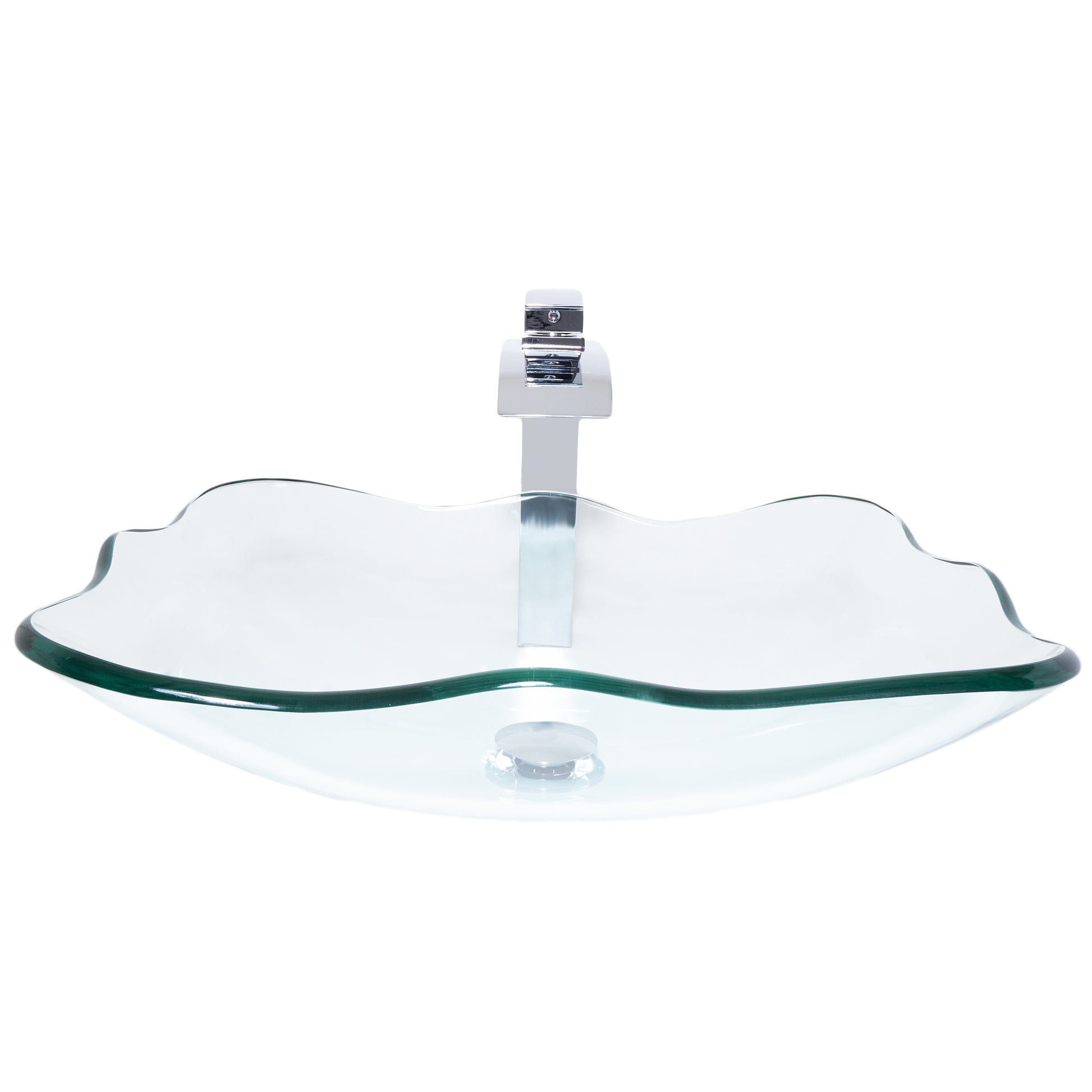 rectangular clear glass vessel sink with matching faucet and pop-up drain