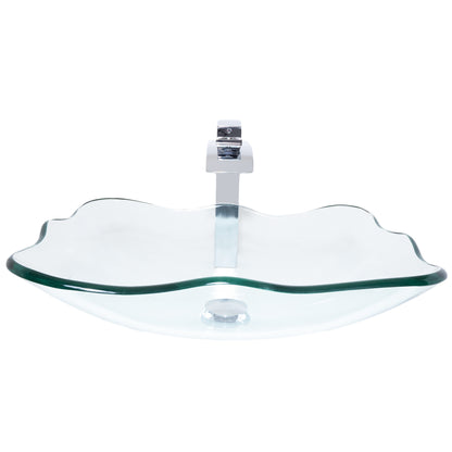 rectangular clear glass vessel sink with matching faucet and pop-up drain