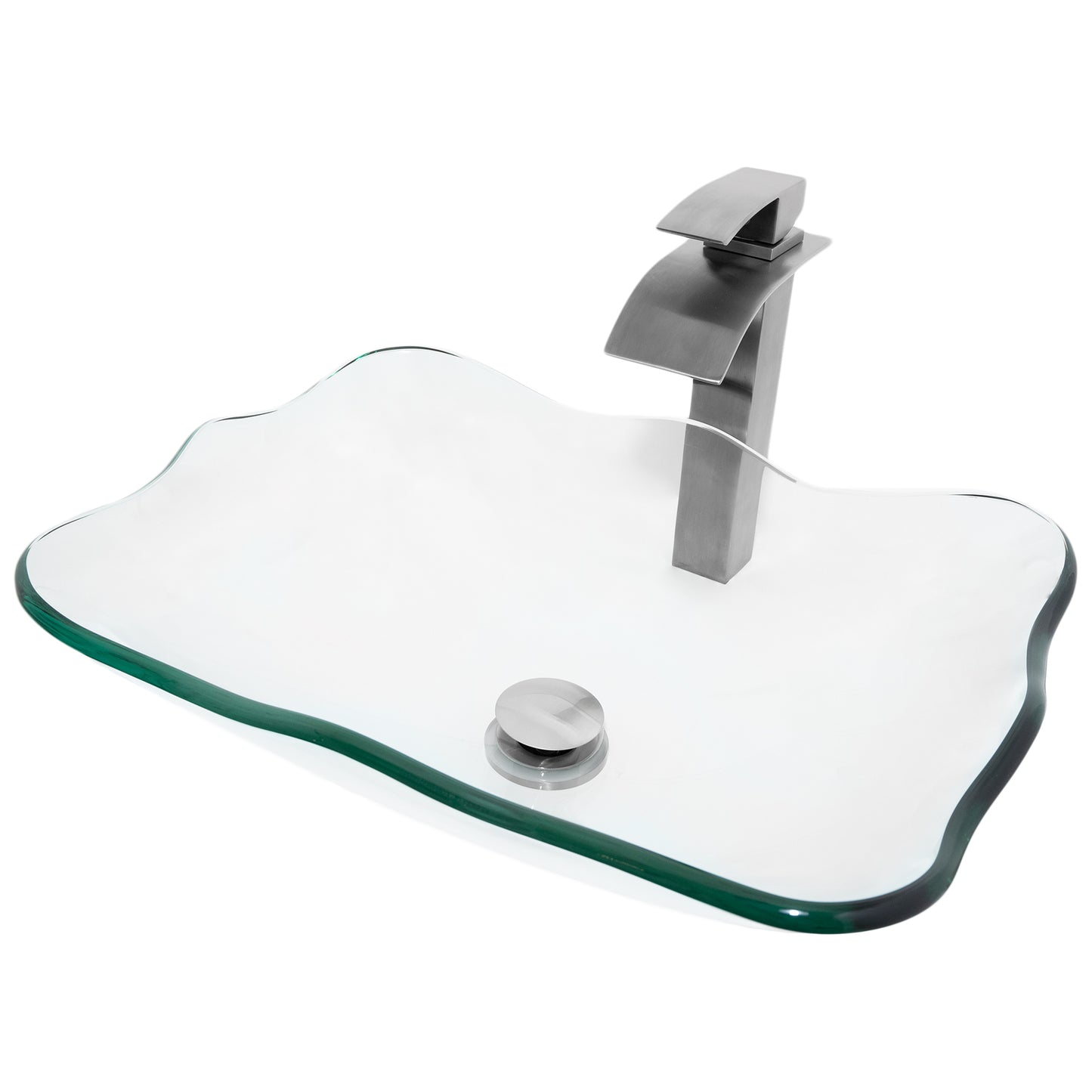 rectangular clear glass vessel sink with matching faucet and pop-up drain