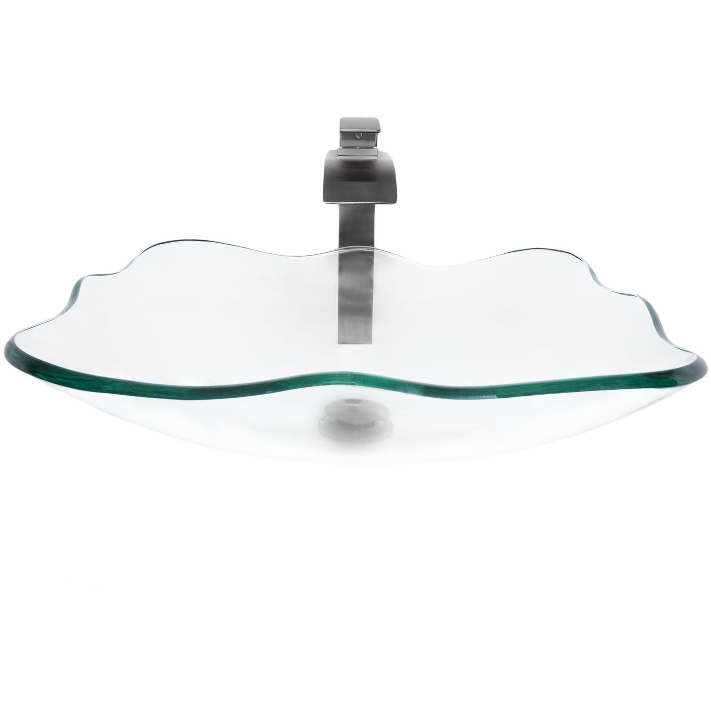 rectangular clear glass vessel sink with matching faucet and pop-up drain