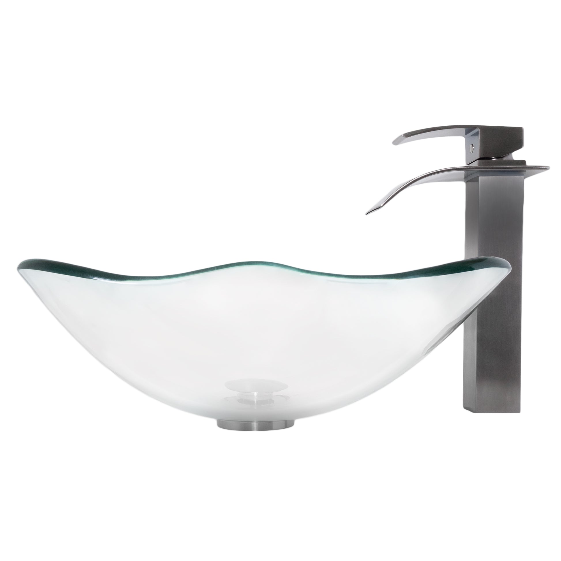 rectangular clear glass vessel sink with matching faucet and pop-up drain