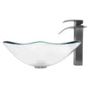 rectangular clear glass vessel sink with matching faucet and pop-up drain