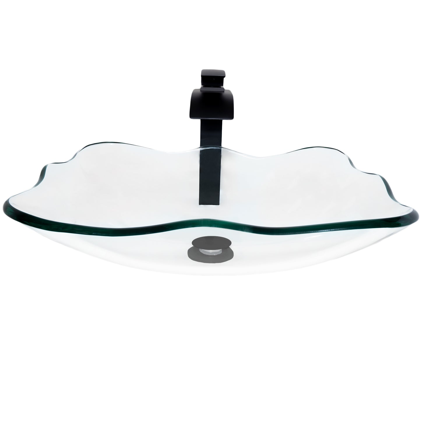 rectangular clear glass vessel sink with matching faucet and pop-up drain