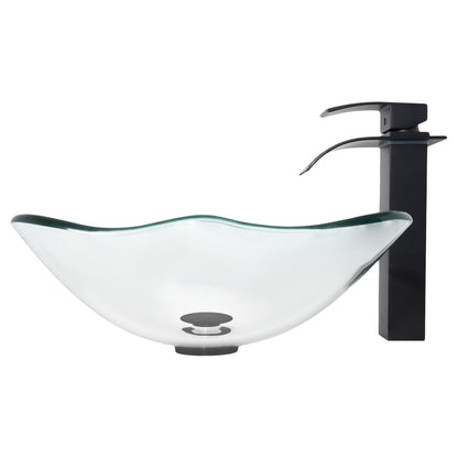 rectangular clear glass vessel sink with matching faucet and pop-up drain