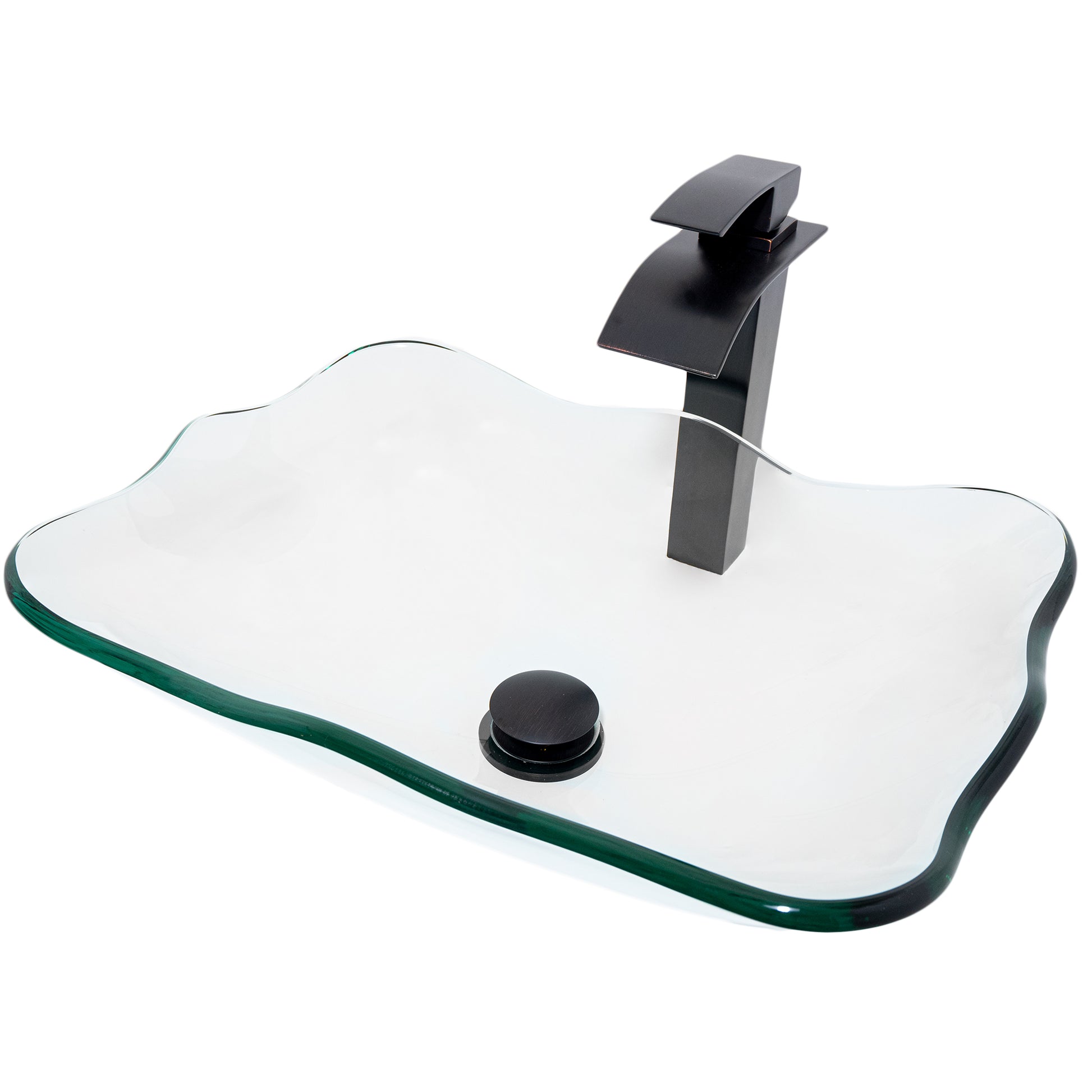 rectangular clear glass vessel sink with matching faucet and pop-up drain