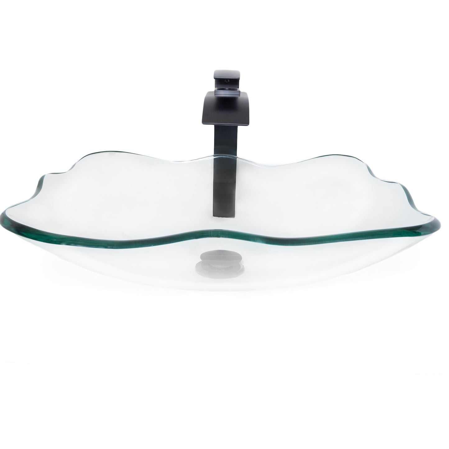 rectangular clear glass vessel sink with matching faucet and pop-up drain