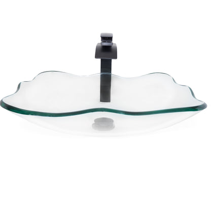 rectangular clear glass vessel sink with matching faucet and pop-up drain