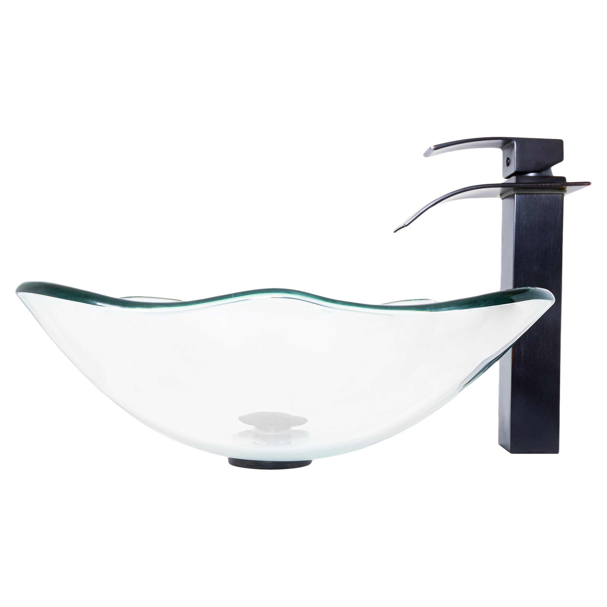 rectangular clear glass vessel sink with matching faucet and pop-up drain