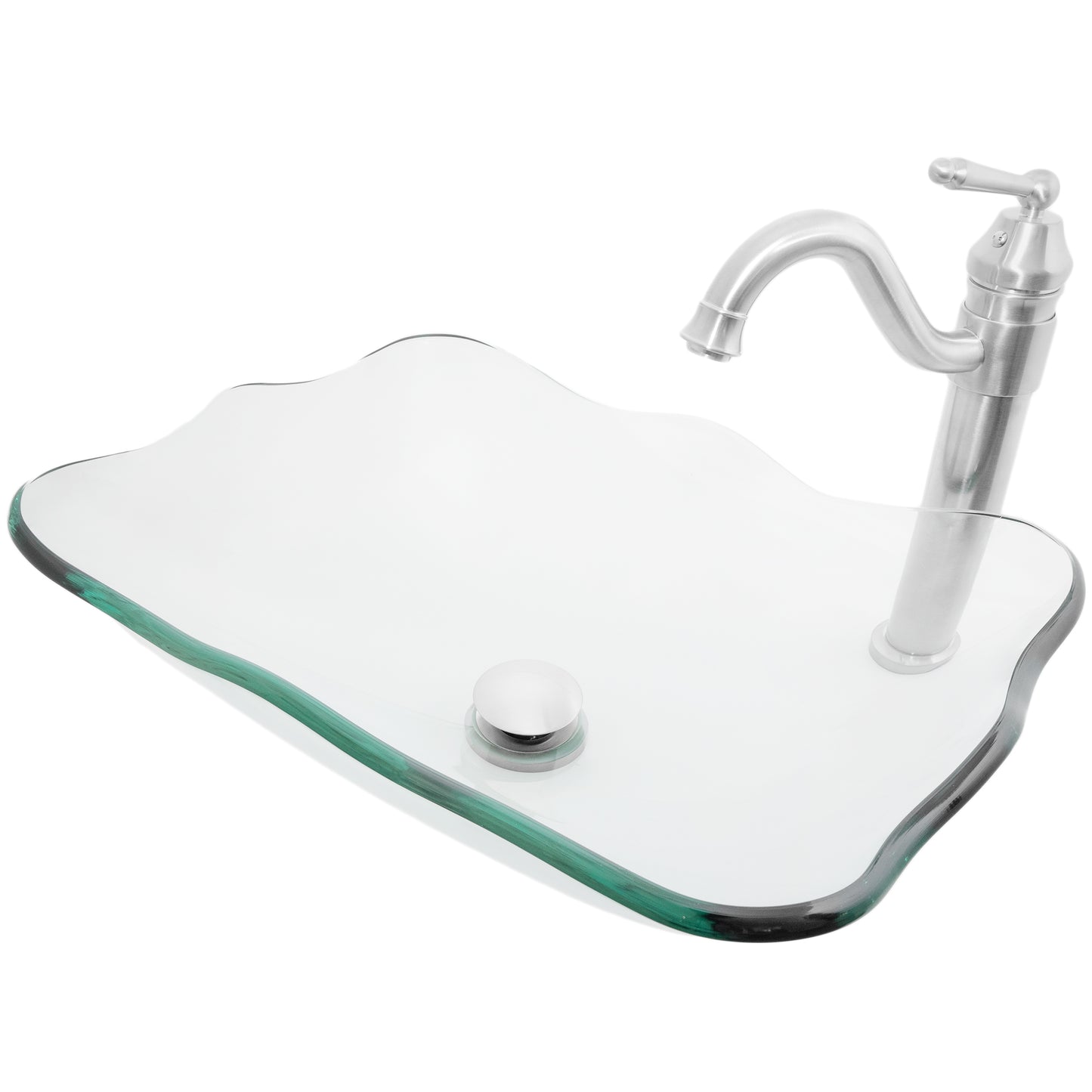rectangular clear glass vessel sink with matching faucet and pop-up drain