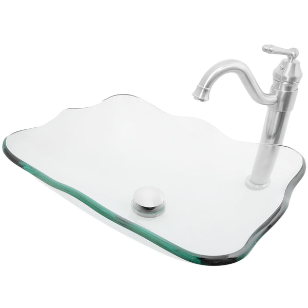 rectangular clear glass vessel sink with matching faucet and pop-up drain