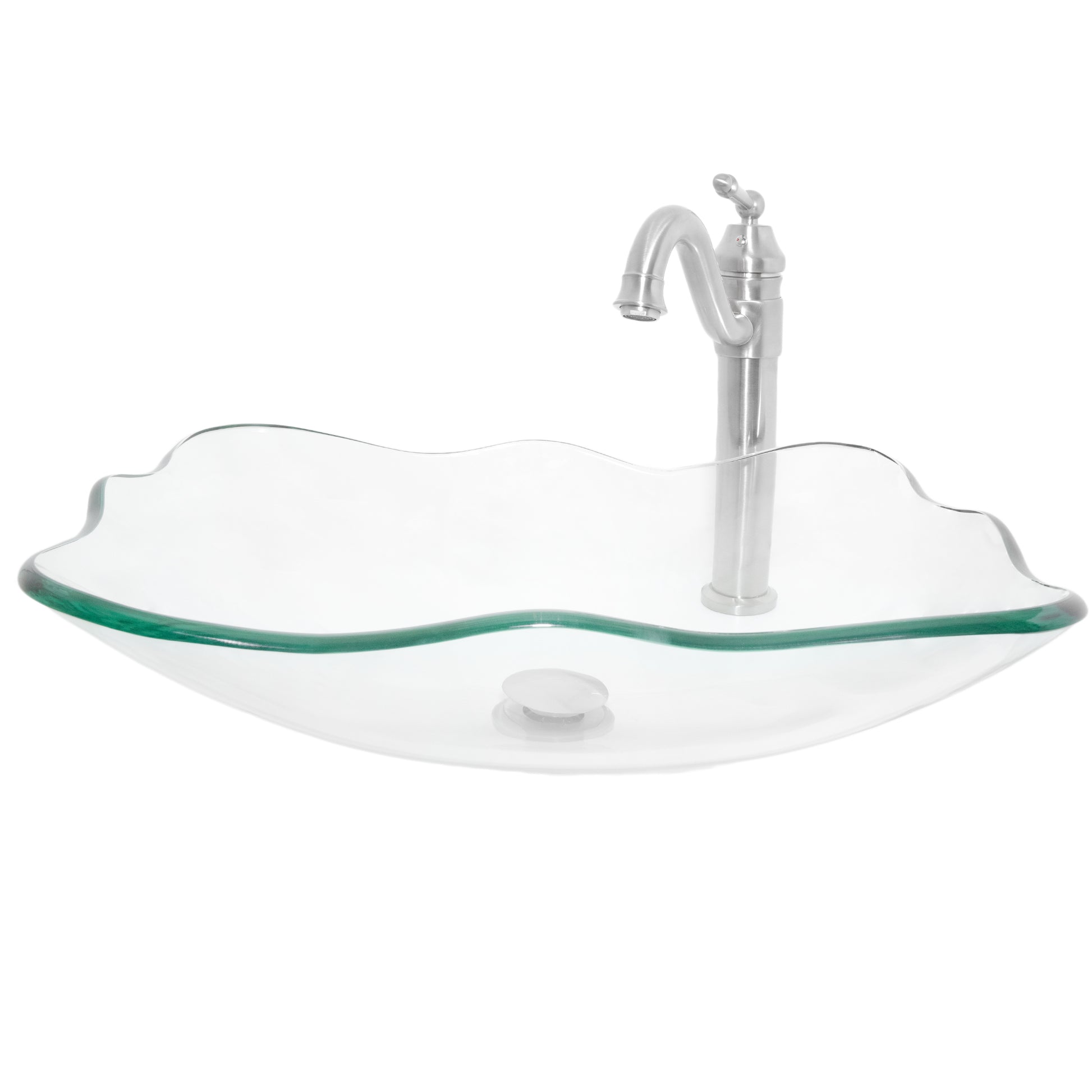 rectangular clear glass vessel sink with matching faucet and pop-up drain