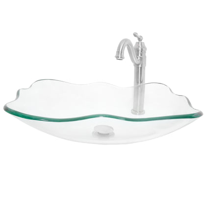 rectangular clear glass vessel sink with matching faucet and pop-up drain