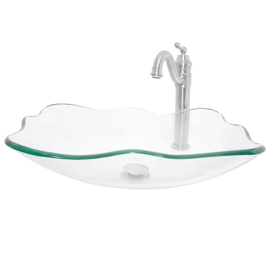 rectangular clear glass vessel sink with matching faucet and pop-up drain