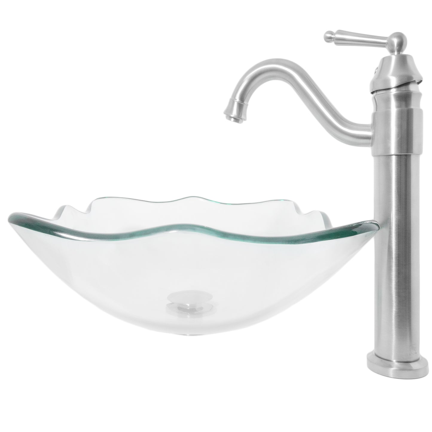 rectangular clear glass vessel sink with matching faucet and pop-up drain