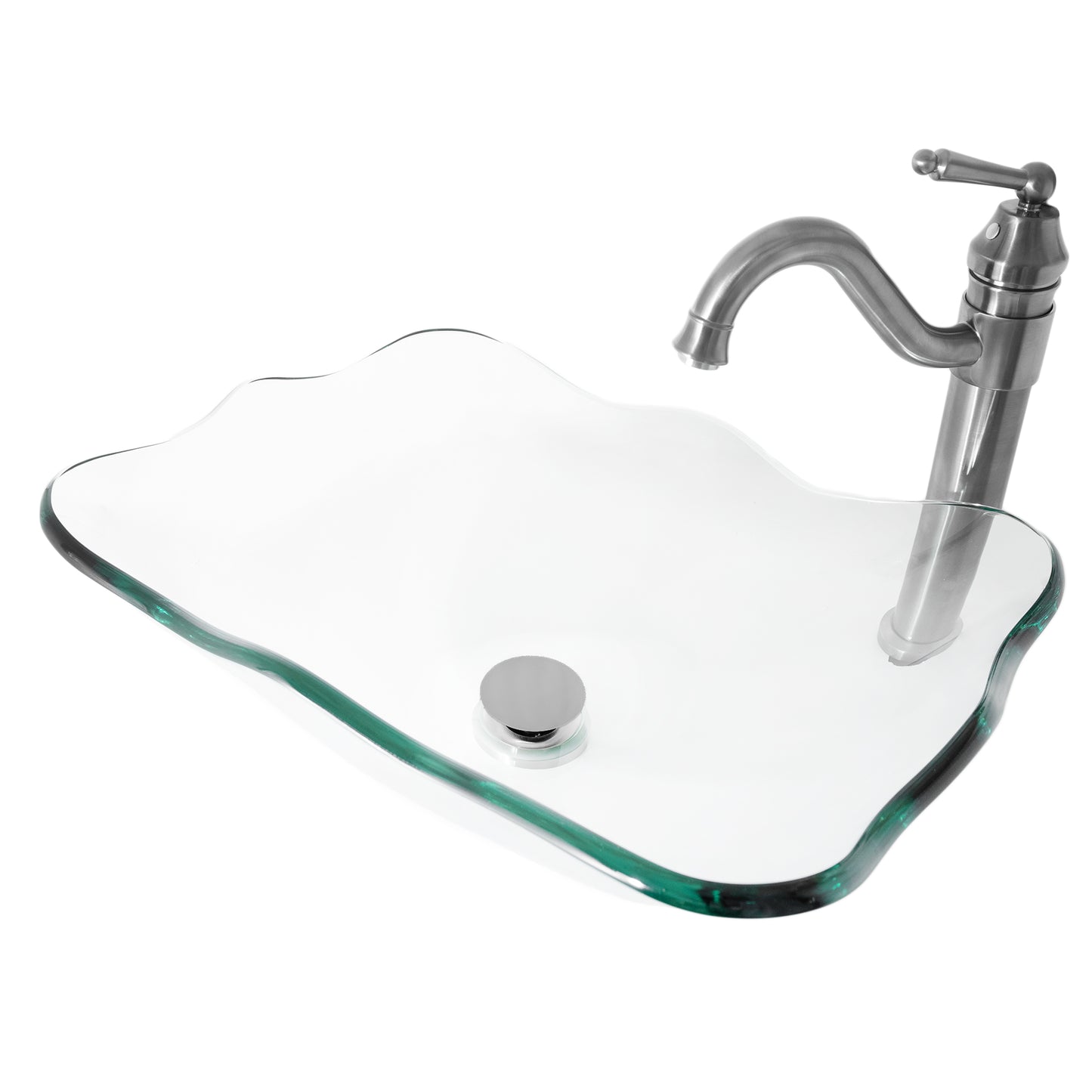 rectangular clear glass vessel sink with matching faucet and pop-up drain