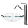rectangular clear glass vessel sink with matching faucet and pop-up drain